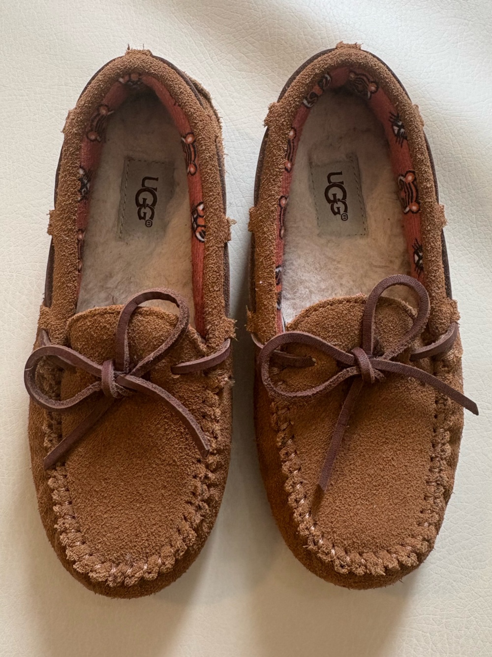 UGG Kids Chestnut Suede Moccasin Slippers with Bow